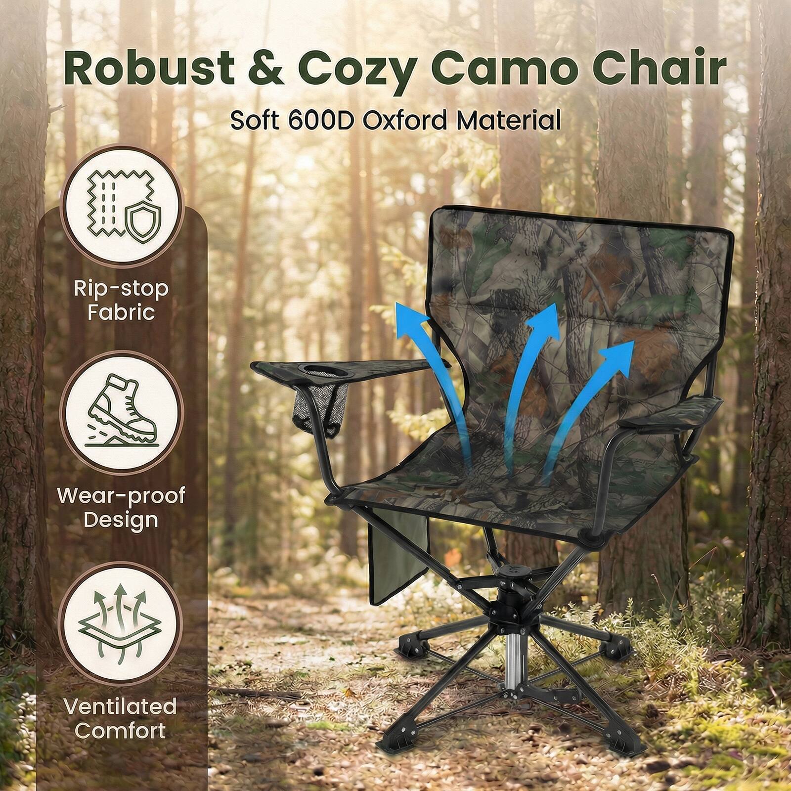 Robust & Cozy Camo Chair  
Soft 600D Oxford Material  

- Rip-stop Fabric  
- Wear-proof Design  
- Ventilated Comfort