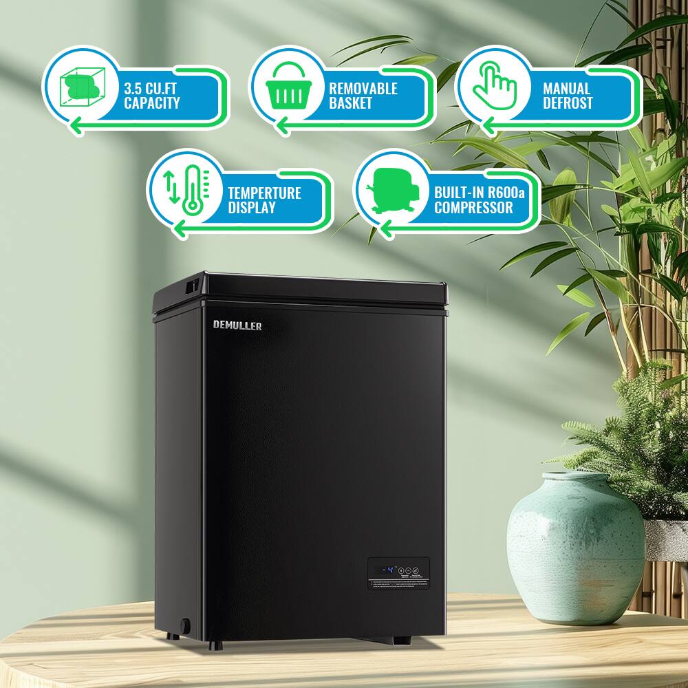 3.5 CU.FT CAPACITY  
REMOVABLE BASKET  
MANUAL DEFROST  
TEMPERATURE DISPLAY  
BUILT-IN R600a COMPRESSOR  
DEMULLER
