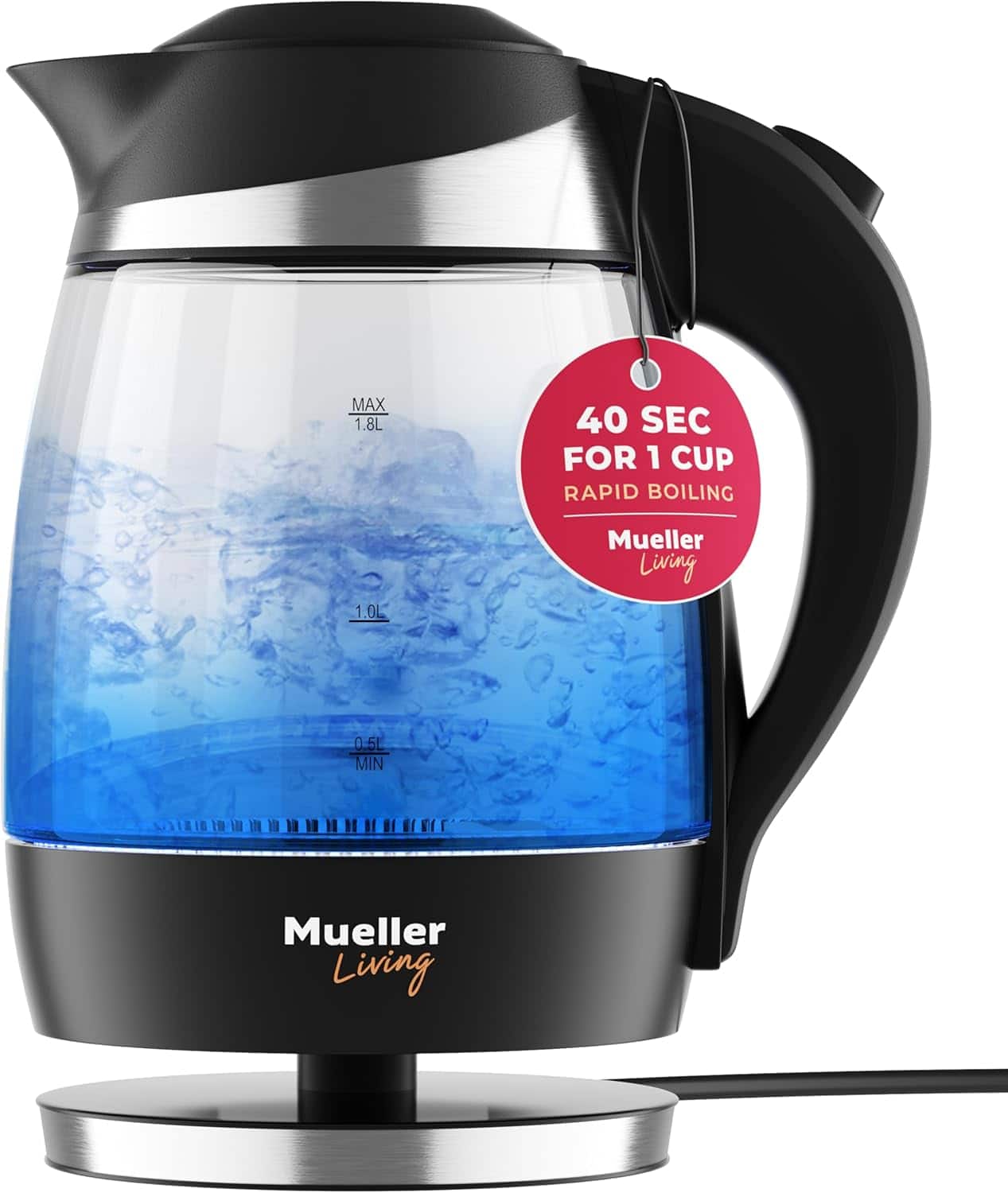 MuellerLiving - Electric Kettle, Electric Tea Kettle for Boiling Water, 1500W SpeedBoil with Automatic Shutoff, 1.8L Borosilicate Glass - Clear