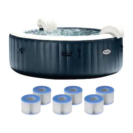 Front. Intex - Intex PureSpa Plus Portable Inflatable Hot Tub Jet Spa w/ 6 Filter Cartridges - Blue.