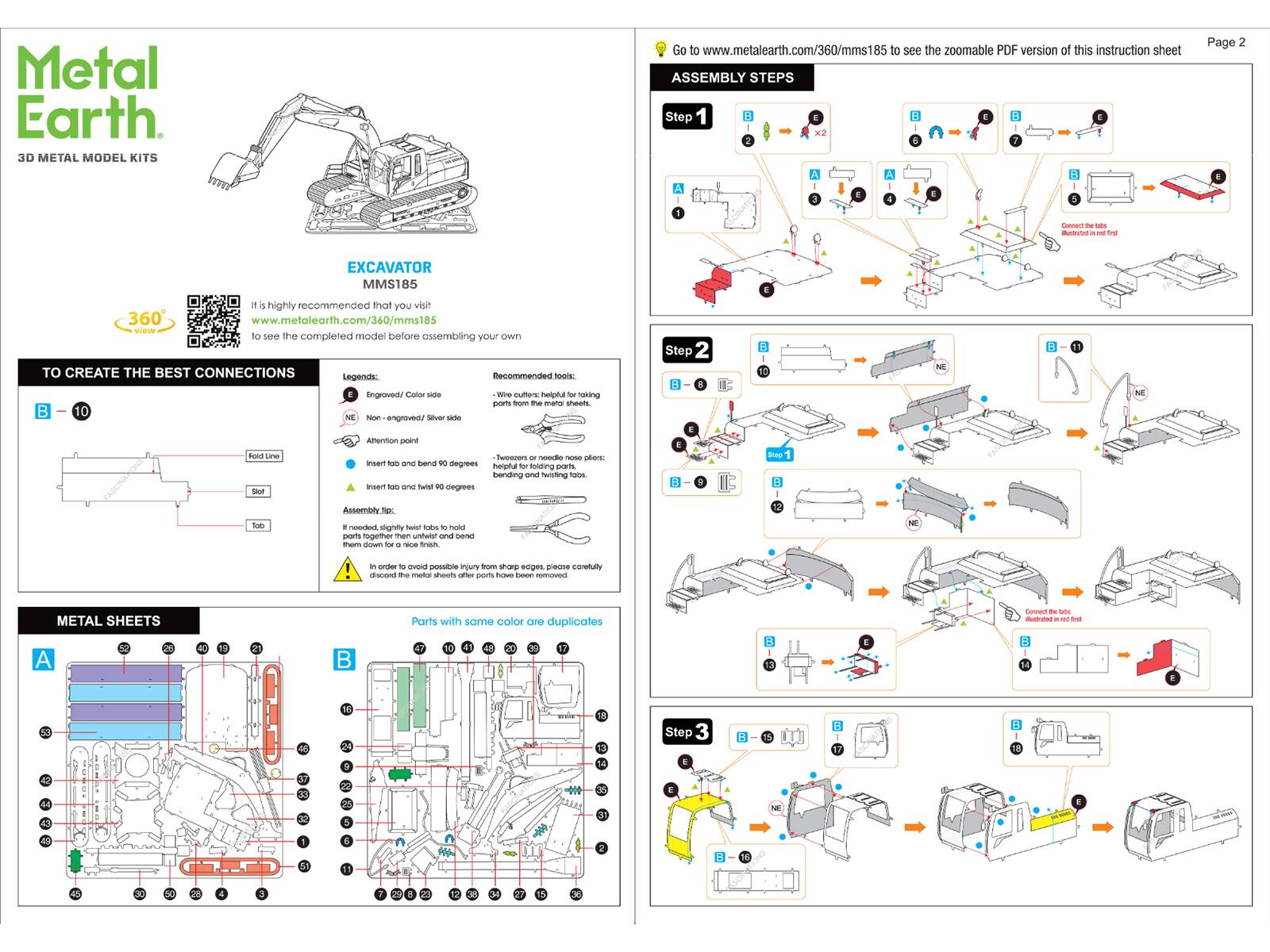 **Metal Earth**  
3D METAL MODEL KITS

---

**EXCAVATOR**  
MMS185

---

**TO CREATE THE BEST CONNECTIONS**

Legends:  
- **B** - 10  
- **E** - Engraved / Colored  
- **NE** - Non-engraved  
- **A** - Fold Line  
- **NE** - Attention point  
- **Insert tab and bend 90 degrees**  
- **Insert tab and bend 180 degrees**  
- **Insert tab and bend 90 degrees**  
- **Insert tab and bend 180 degrees**  
- **Insert tab and bend 90 degrees**  
- **Insert tab and bend 180 degrees**  
- **Insert tab and bend 90 degrees**  
- **Insert tab and bend 180 degrees**  
- **Insert tab and bend 90 degrees**  
- **Insert tab and bend 180 degrees**  
- **Insert tab and bend 90 degrees**  
- **Insert tab and bend 180 degrees**  
- **Insert tab and bend 90 degrees**  
- **Insert tab and bend 