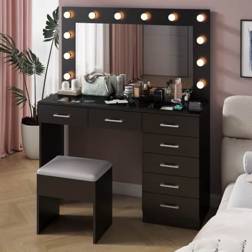 Winado - Vanity Makeup Table Set Dressing Desk Glass Visual Desktop with 3 Colors LED Lights Bulbs Mirror, 7 Drawers,USB Ports - Black