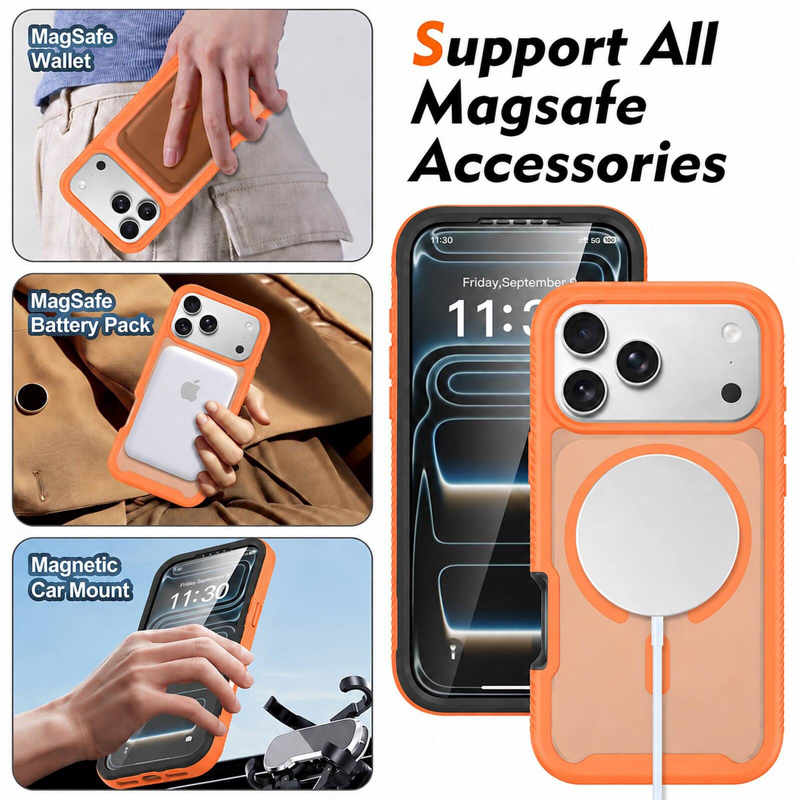 MagSafe Wallet  
Support All MagSafe Accessories  
11:30  
5G 100  
MagSafe Battery Pack  
Friday, September 11:30  
Magnetic Car Mount