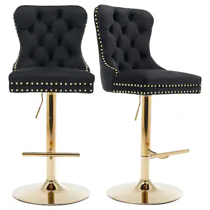 Front. HTUTWOO - Velvet Bar Stools Set of 2, Adjustable Barstools, Swivel Counter Height Chairs with Tufted Back for Kitchen Island, Pub - Black.