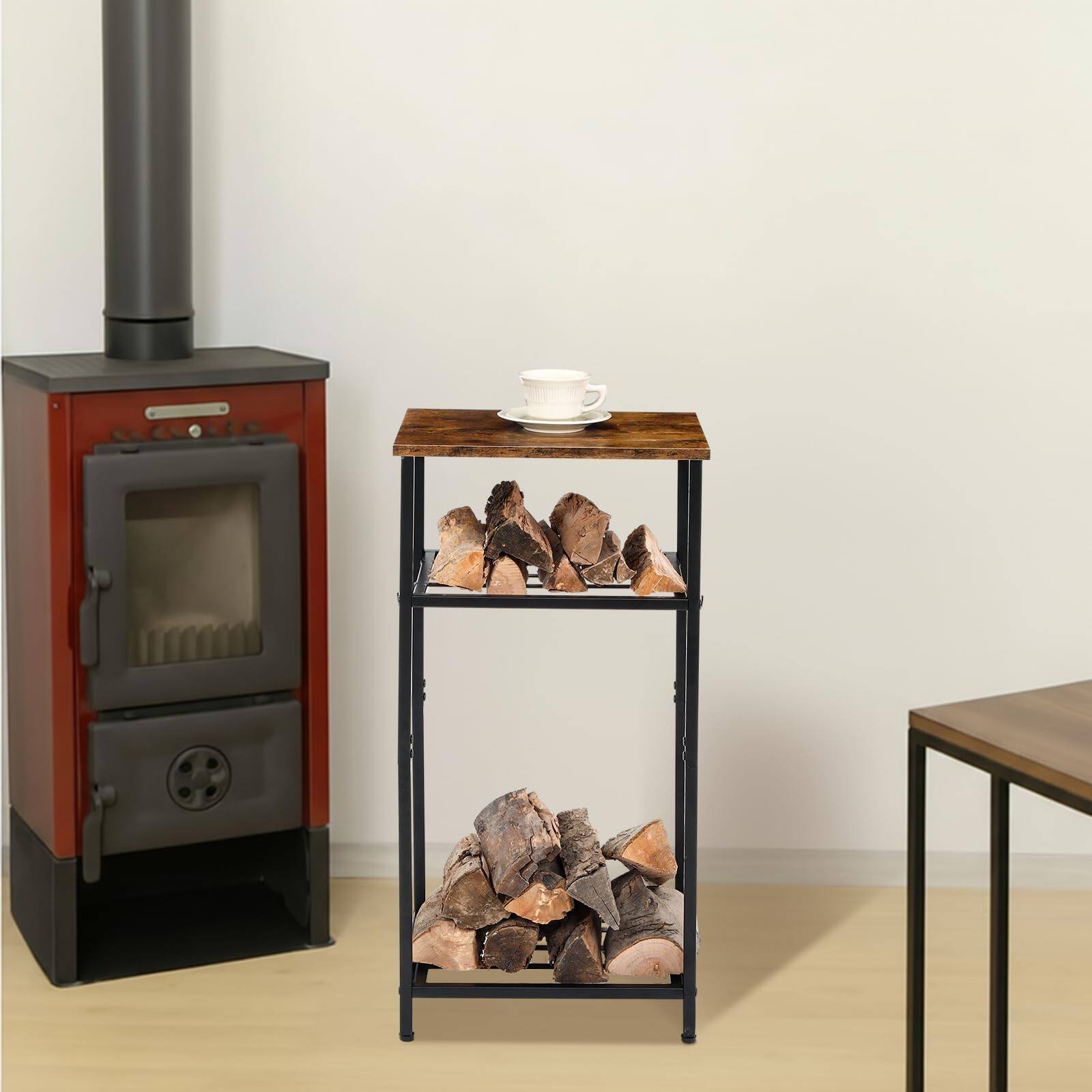 Alt View 2. JETRANSPORT - Firewood Rack Indoor Outdoor 32.3 Inch Metal 2-tier Holder Coffee Table With 4 Hook Adjustable Feet Pads - Default.