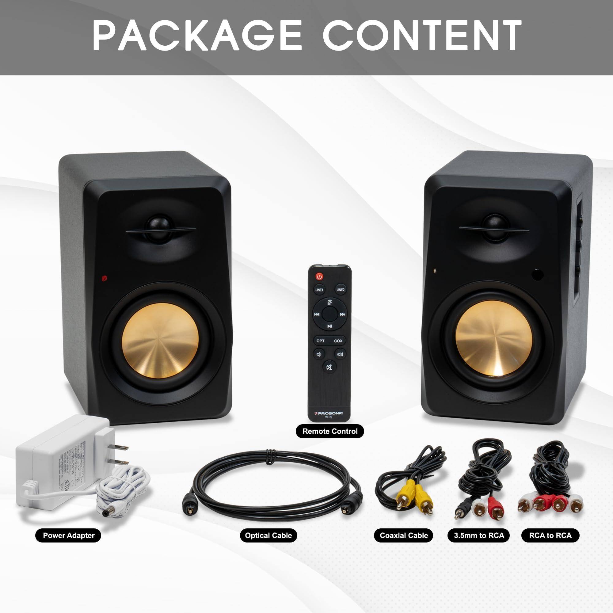 PACKAGE CONTENT

- Power Adapter
- Optical Cable
- Coaxial Cable
- Remote Control
- 3.5mm to RCA
- RCA to RCA