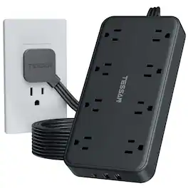 TESSAN - 1080J Protection, 6 Ft Flat Plug,Surge Protector Power Strip with 8 Outlets and 3 USB Ports(1 USB C) - Black