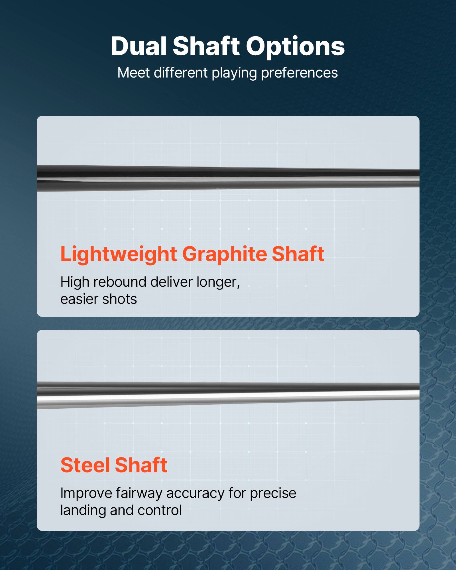 Dual Shaft Options  
Meet different playing preferences  

Lightweight Graphite Shaft  
High rebound deliver longer, easier shots  

Steel Shaft  
Improve fairway accuracy for precise landing and control