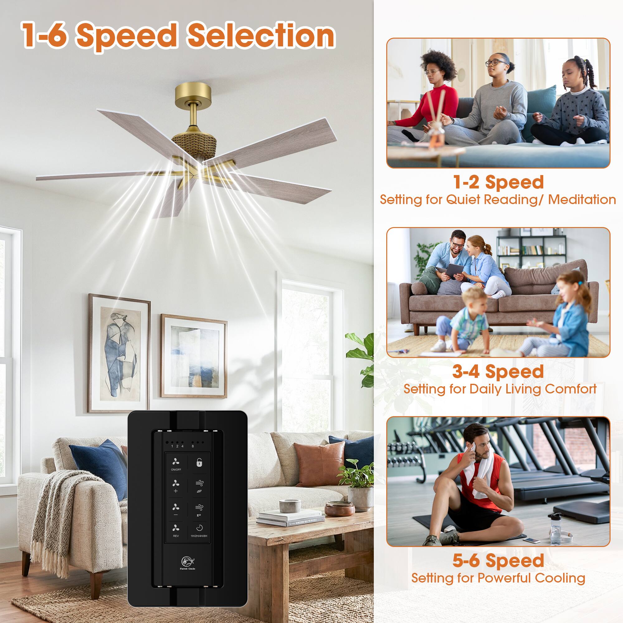1-6 Speed Selection

1-2 Speed Setting for Quiet Reading/ Meditation

3-4 Speed Setting for Daily Living Comfort

5-6 Speed Setting for Powerful Cooling