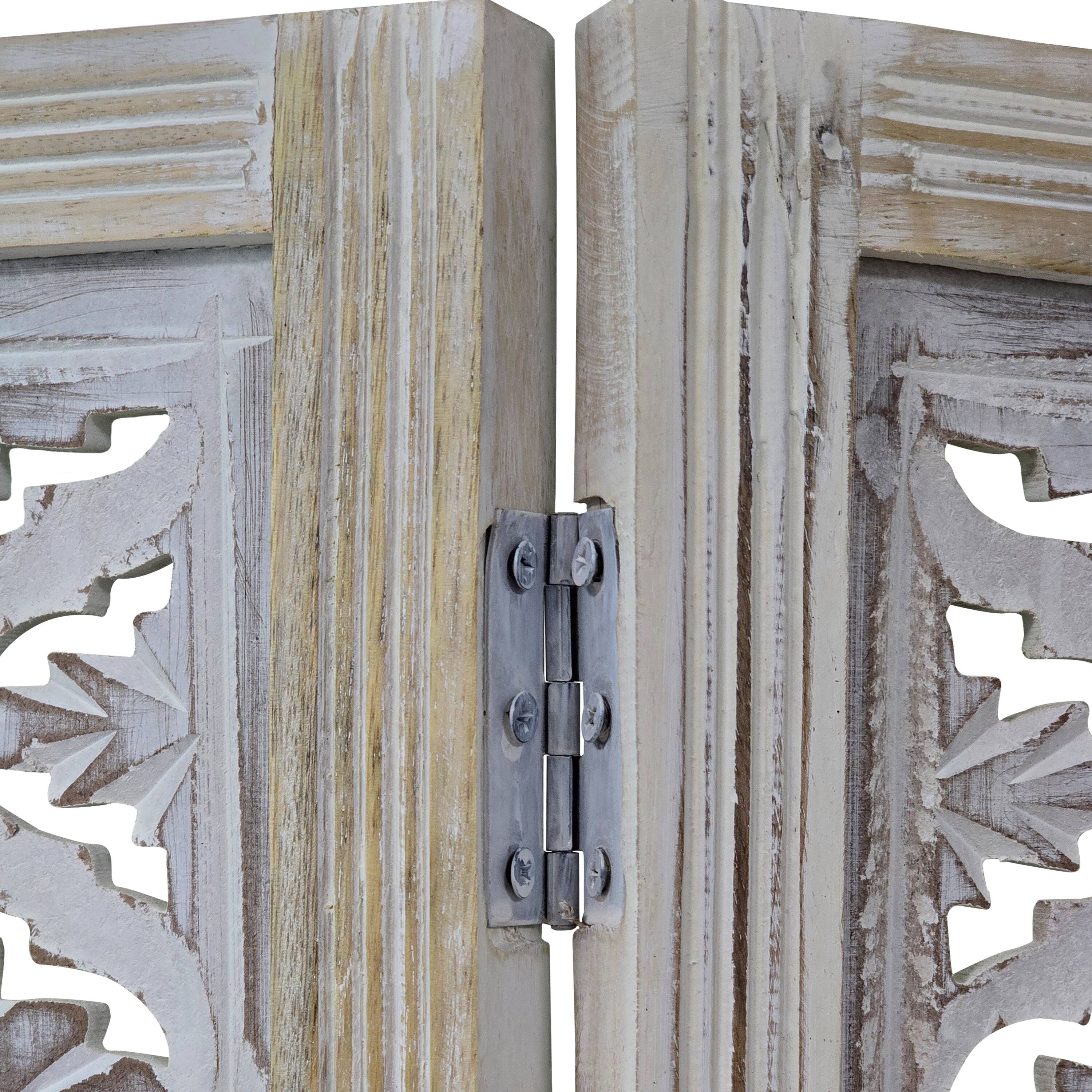 Alt View 3. Manhattan Lane - Taj 4 Panel Folding Room Divider Screen, Antique White Mango Wood, Floral Carved Design - White.