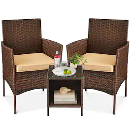 Best Choice Products - 3-Piece Outdoor Wicker Conversation Patio Bistro Set, w/ 2 Chairs, Table - Brown/Tan