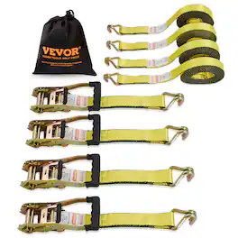 VEVOR - Ratchet Tie Down Straps (4PK), 10000 lb Break Strength, Double J Hook Includes 4 Premium 2" x 27' Rachet Tie Downs - Yellow