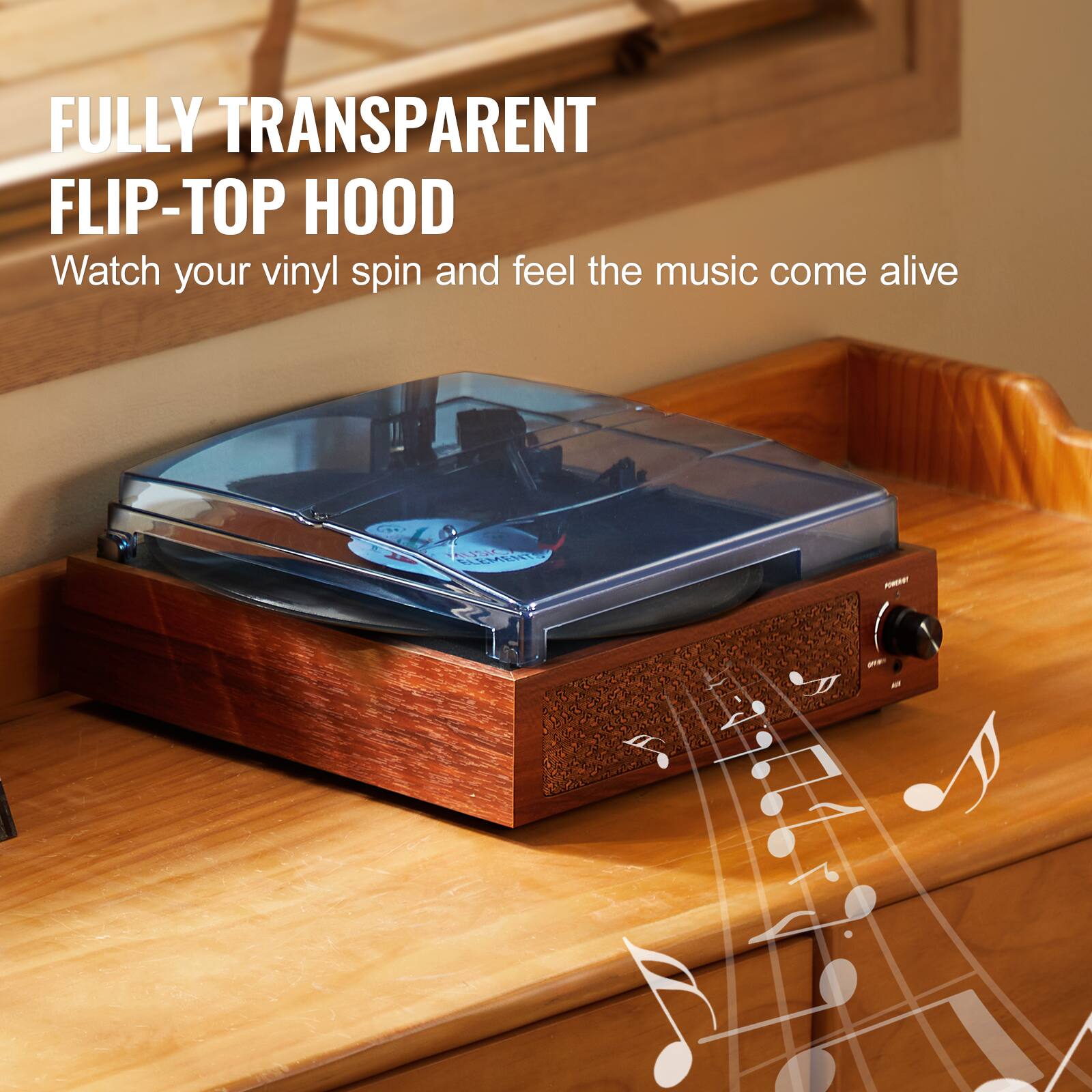 FULLY TRANSPARENT FLIP-TOP HOOD  
Watch your vinyl spin and feel the music come alive