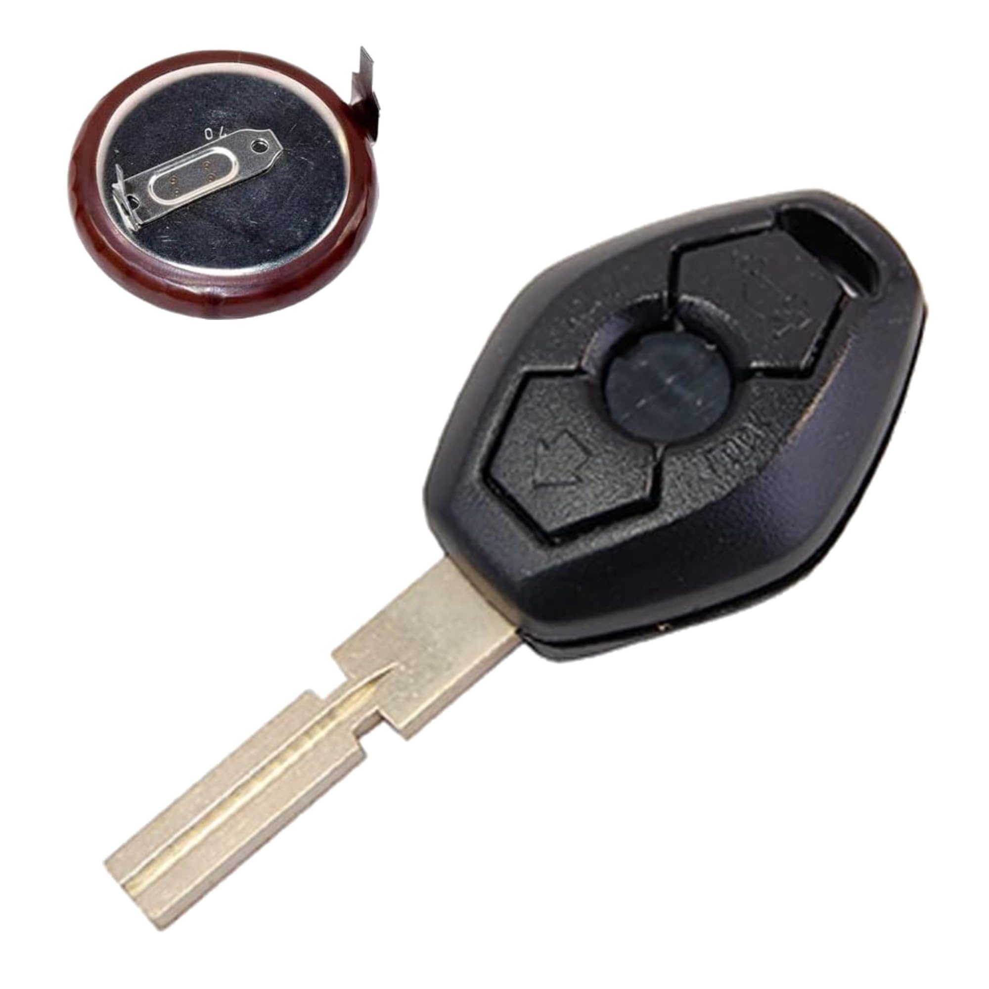 Front. HQRP - Replacement Key Fob Shell with Uncut Blade and 3 V Battery - BMW 325i 330i 2001-2005 - Black.