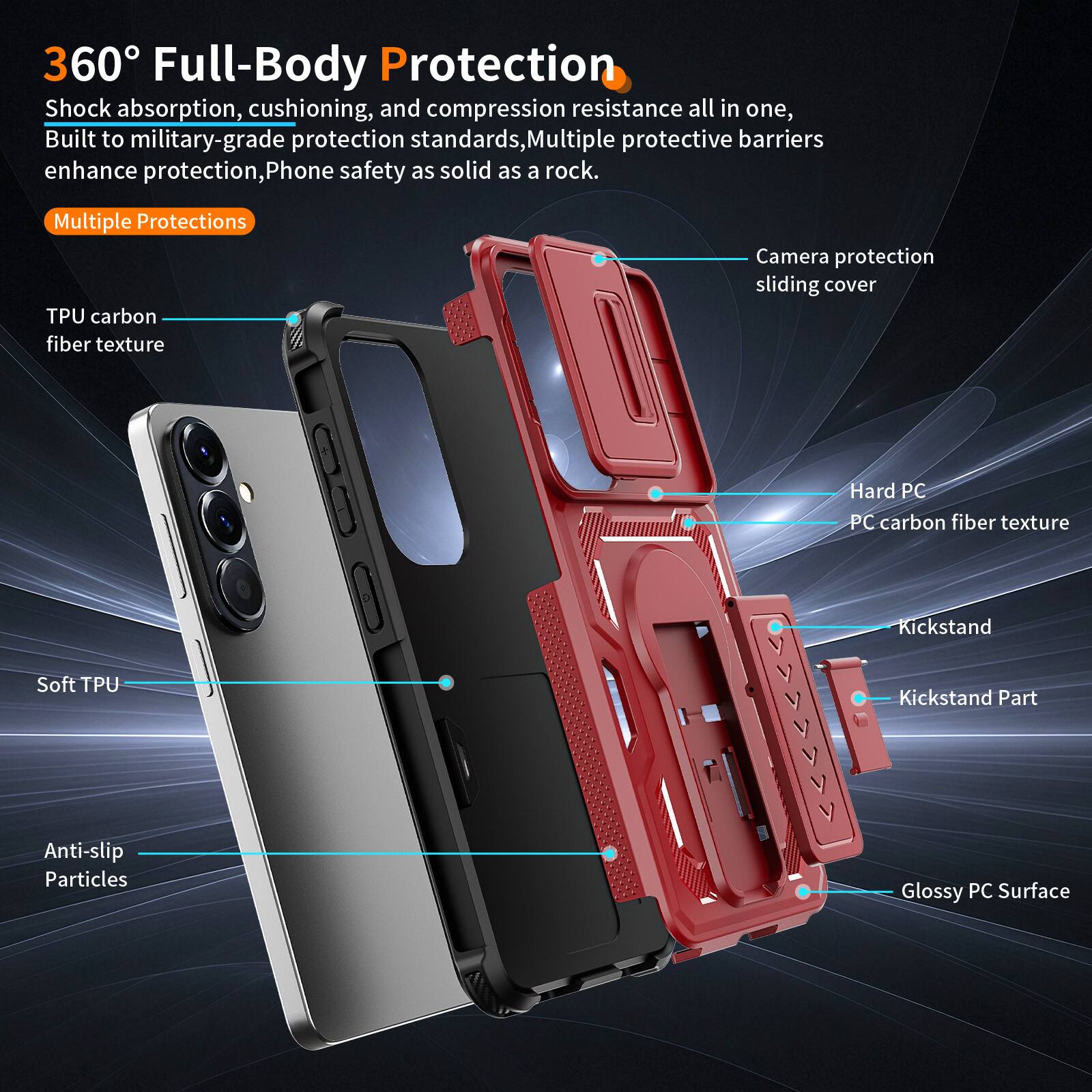 360° Full-Body Protection  
Shock absorption, cushioning, and compression resistance all in one, Built to military-grade protection standards, Multiple protective barriers enhance protection, Phone safety as solid as a rock.  
Multiple Protections  
TPU carbon fiber texture  
Camera protection sliding cover  
Hard PC PC carbon fiber texture  
Kickstand  
Soft TPU Kickstand Part  
Anti-slip Particles  
Glossy PC Surface