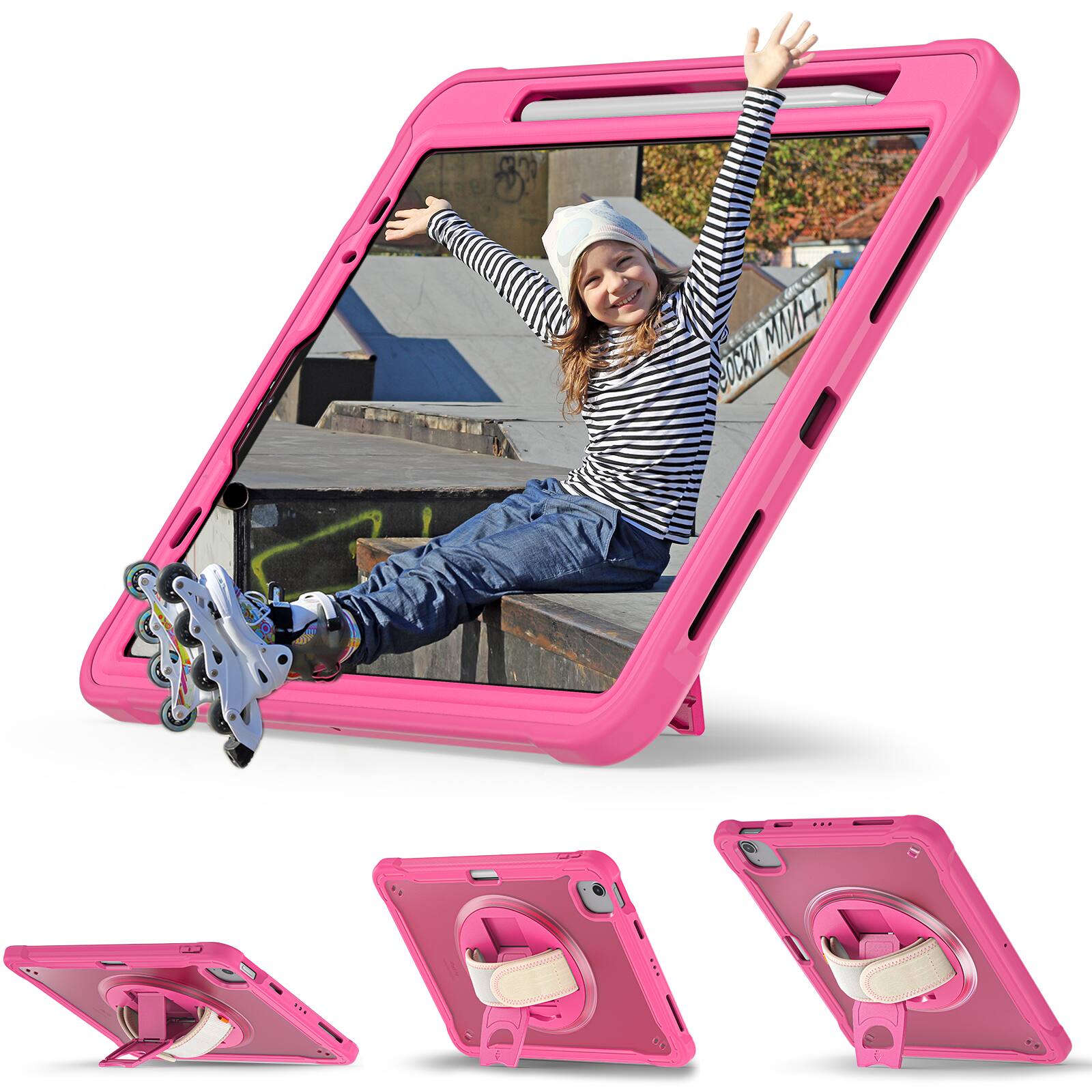 Alt View 3. Dteck - Rugged Case for iPad Air 11-inch M4(2026)/M3 (2025) /M2 Shockproof Handstrap Foldable Kickstand Cover+Crossbody Strap - Rose.