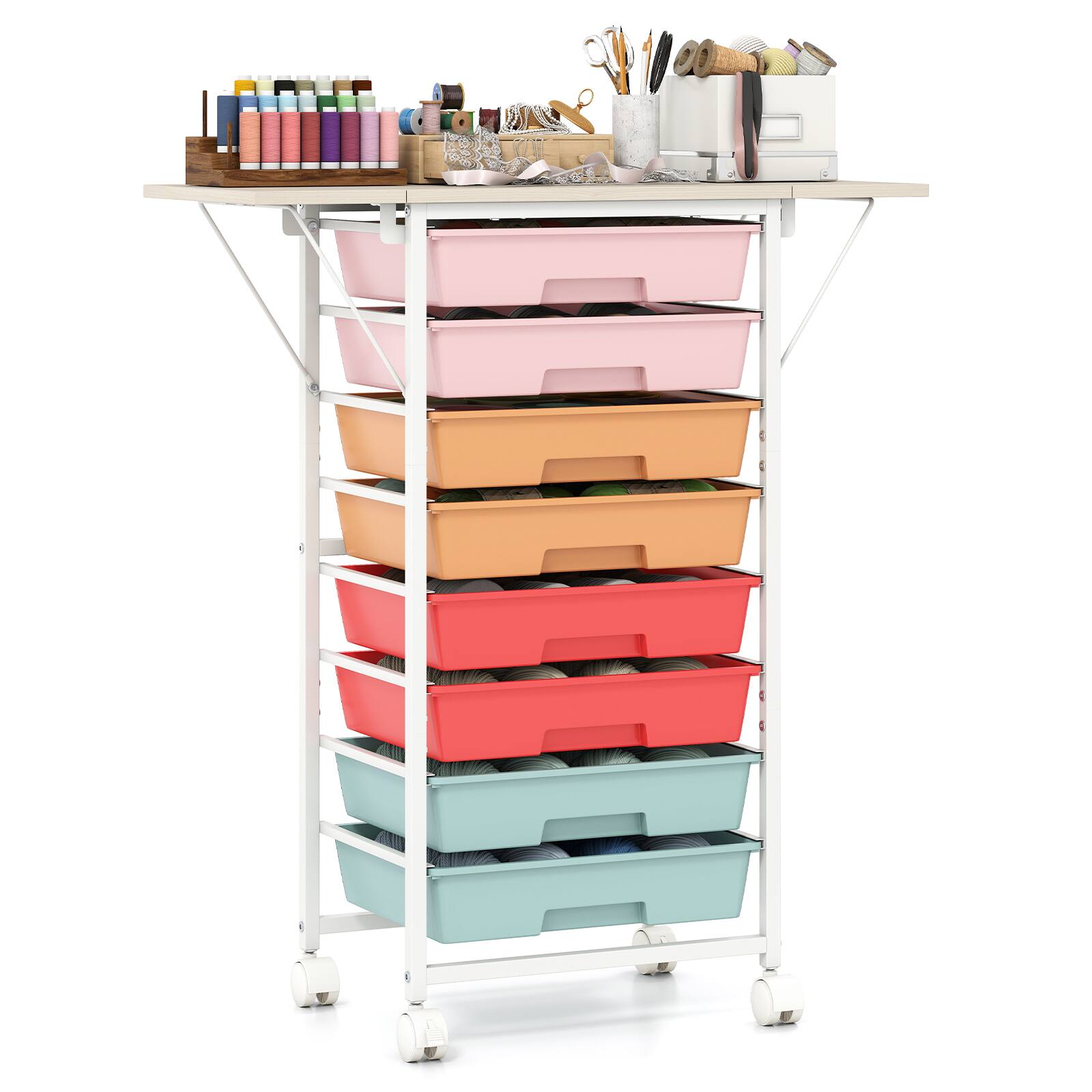 Costway - 8-Drawer Art & Craft Storage Carts, Storage Cart with 4 Universal Wheels, Metal Frame for Home 26.5"L - 26.5"L Macaron