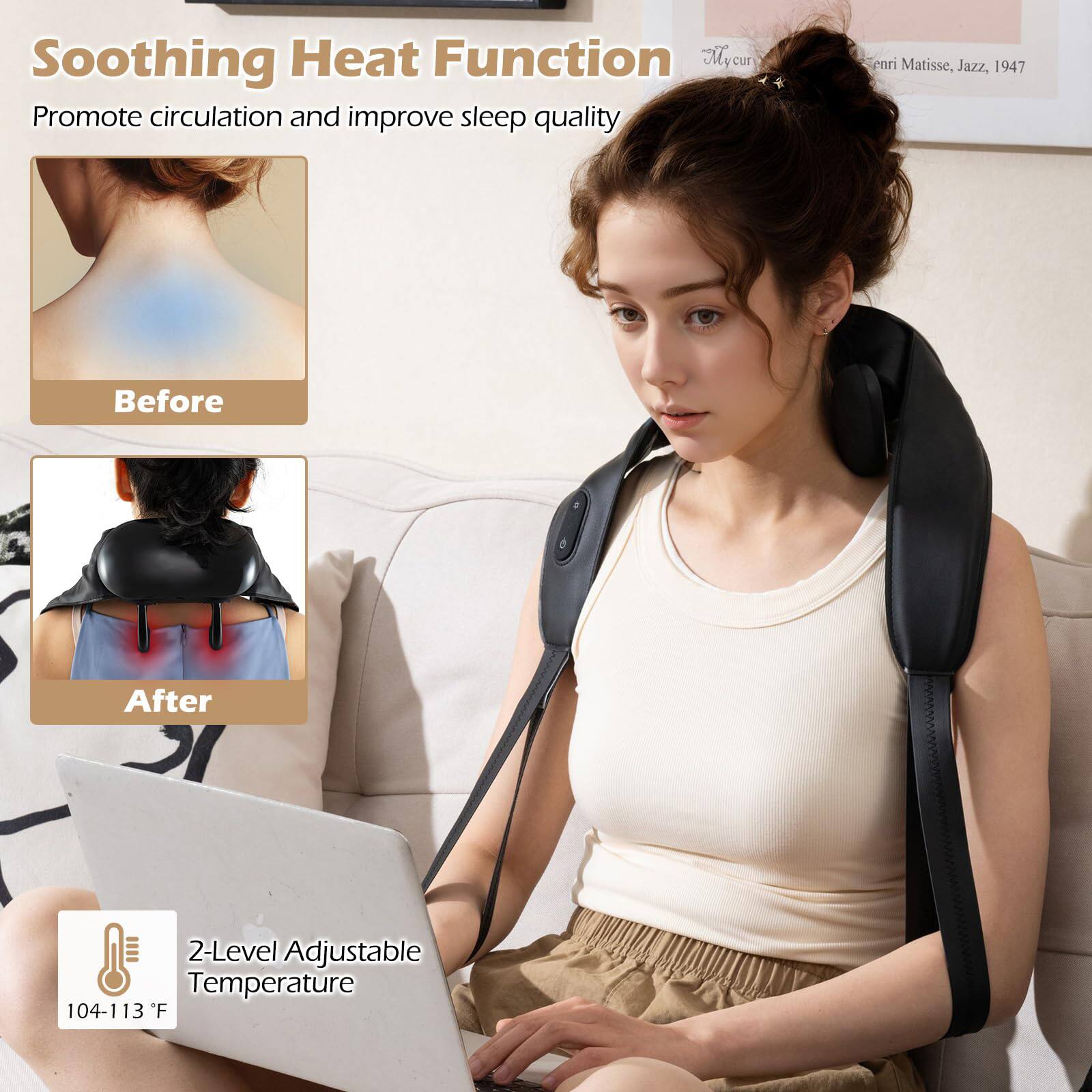 Soothing Heat Function  
Promote circulation and improve sleep quality  

Before  
After  

2-Level Adjustable Temperature  
104-113°F