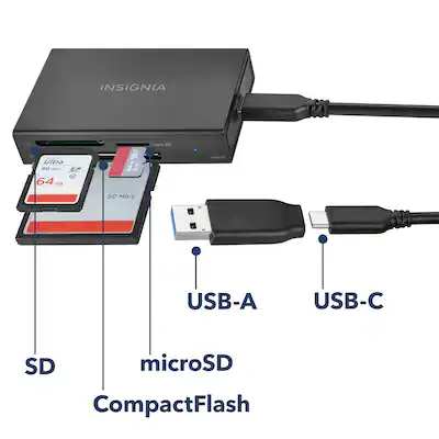 Insignia - USB-C to SD, microSD and CompactFlash Memory Card Reader - Black Insignia - USB-C to SD, microSD and CompactFlash Memory Card Reader - Black
