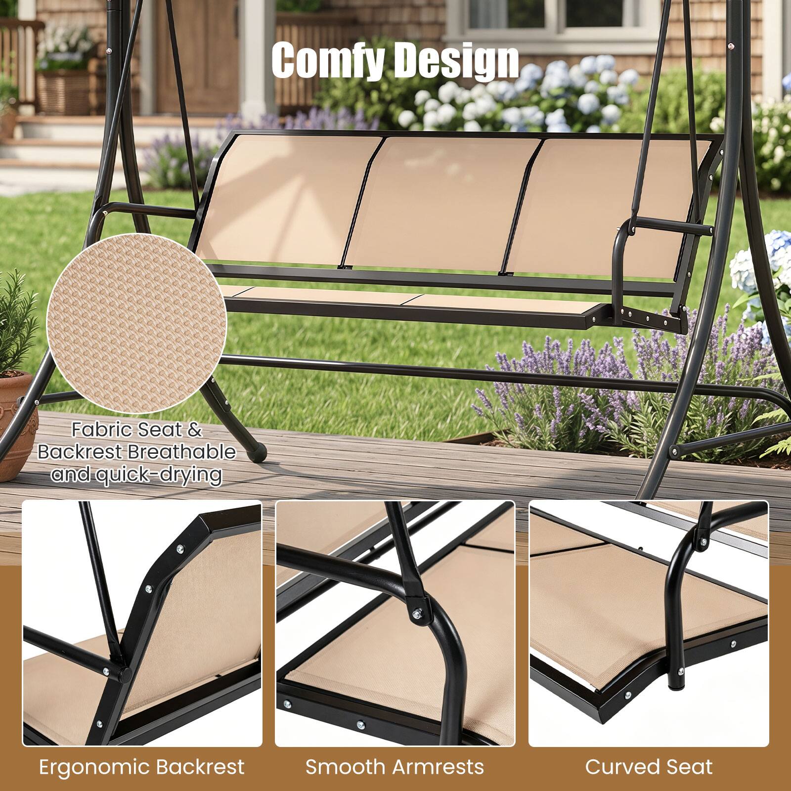 Comfy Design  
Fabric Seat & Backrest: Breathable and quick-drying  
Ergonomic Backrest  
Smooth Armrests  
Curved Seat