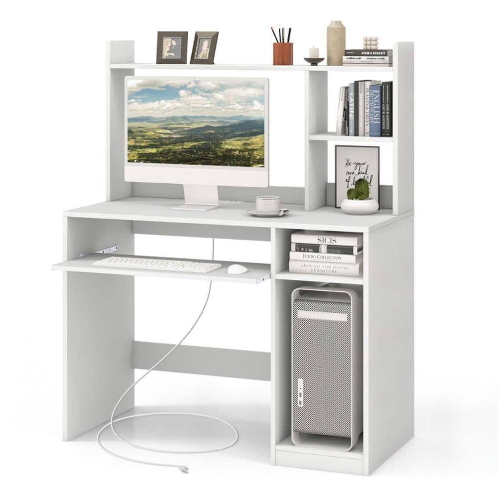 Kadyn - Home Office Computer Desk with Bookcase Keyboard Tray and CPU Stand- Home Office Desks, Gaming Computer Desks - White
