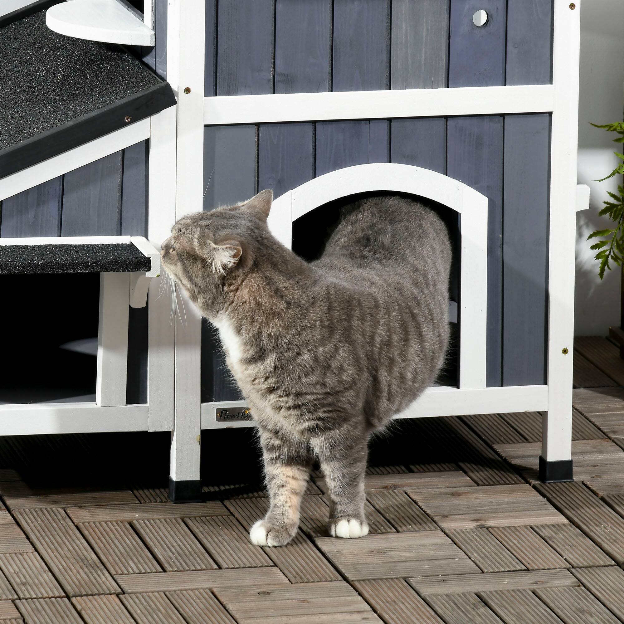 Alt View 7. Pawhut - Outdoor Cat House, Weather-resistant Roof, Garden Bed, Shelter Enclosure, Multiple Entrances, Modern Furniture Hideout.