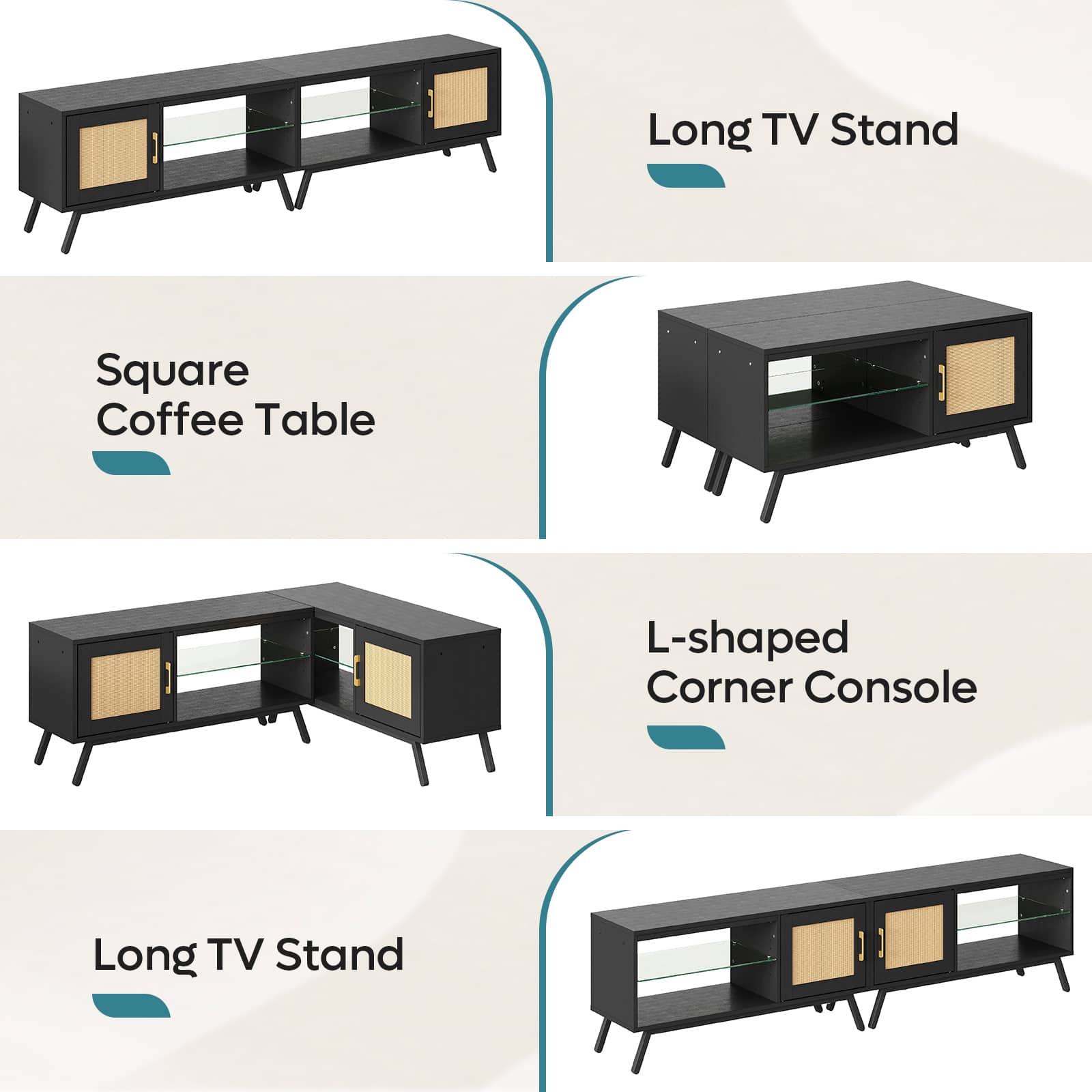 Long TV Stand Square Coffee Table L-shaped Corner Console Long TV Stand