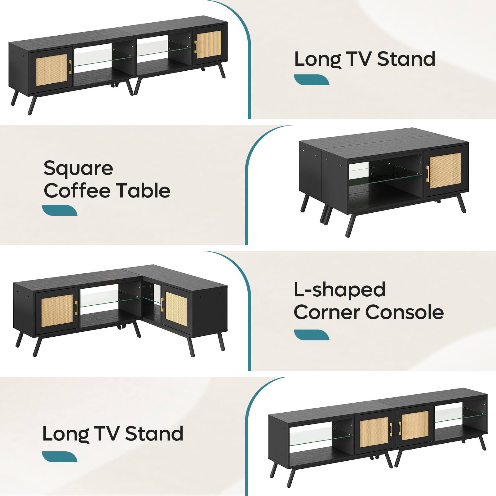 Long TV Stand Square Coffee Table L-shaped Corner Console Long TV Stand