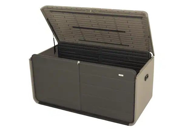 Front. HOMLUX - Plastic Deck Box Large Patio Storage Box with Lock Wheels Waterproof Lid Cushions Garden and Pool Supplies Gray - Gray.