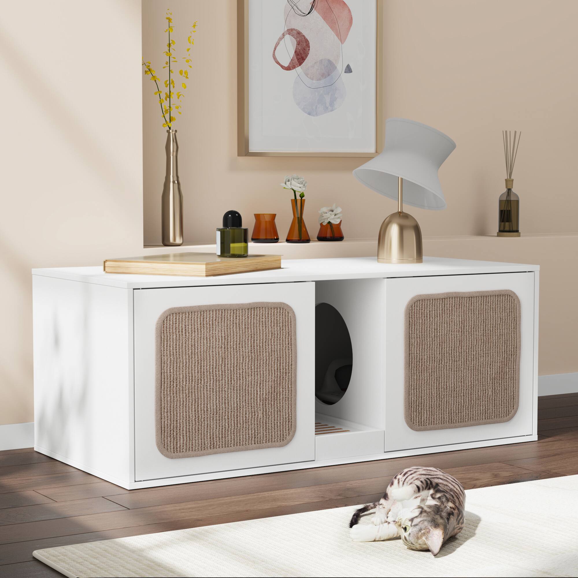 Alt View 1. FUFU & GAGA - Modern Cat Furniture Cabinet - Hidden Litter Box Storage with Sisal Scratching Doors & Multi-Cat Design.