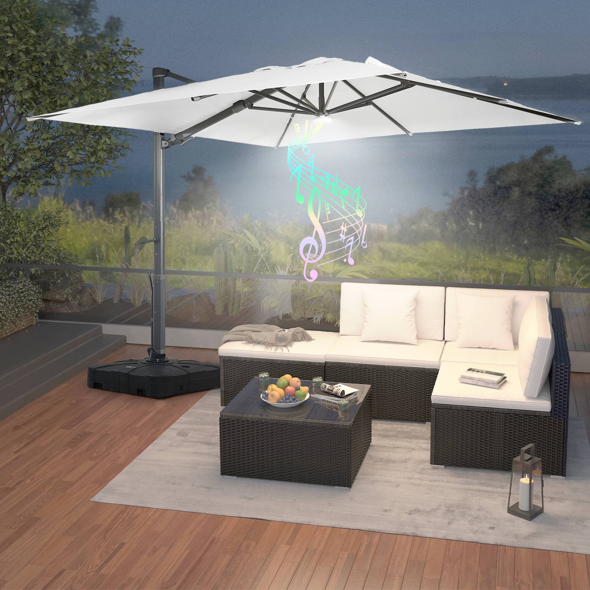 Left. Mondawe - 10x10ft Patio Cantilever Umbrella Square Large Offset Umbrella with Bluetooth Speaker - Grey.