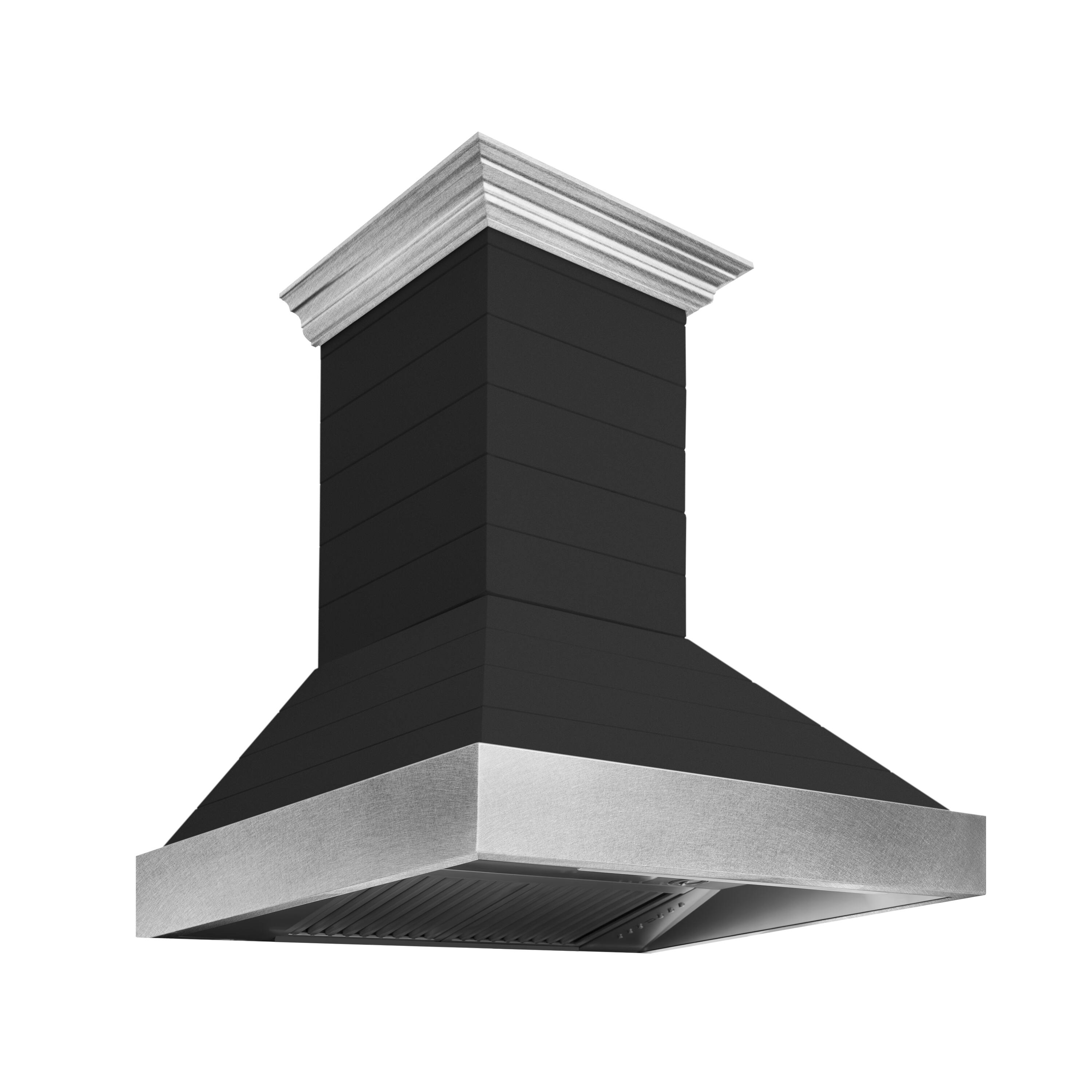 Left. ZLINE - ZLINE 36 in. Wooden Wall Mount Range Hood with Stainless Steel Accents (365CC-36) - Rustic Shiplap Black Finish.