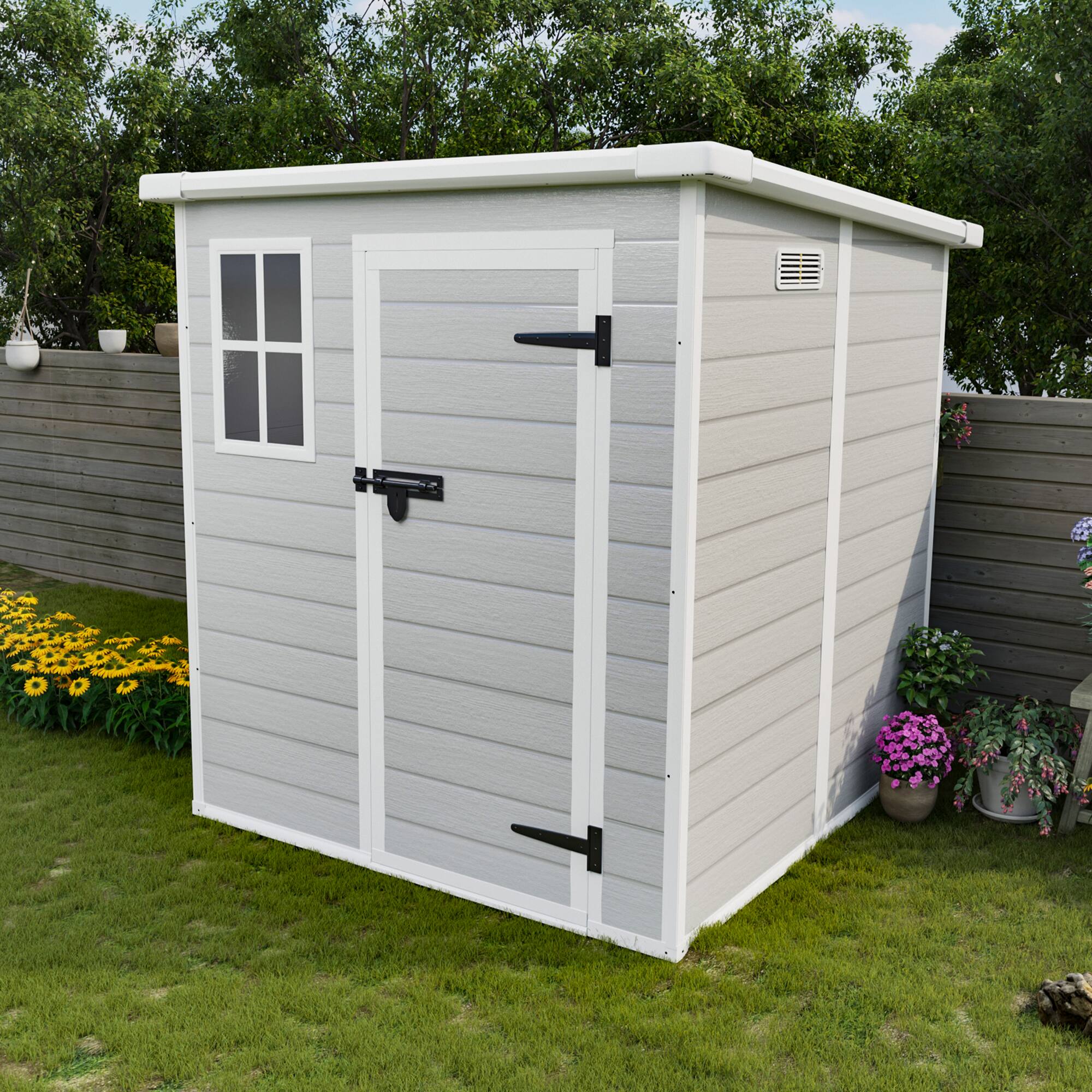 Angle. Anysun - 6x6ft Waterproof Resin Tool Storage Shed with Floor, Lockable Doors, Window & Vents - Gray.