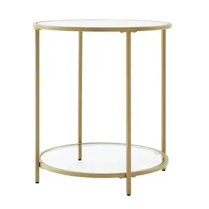 Front. SlickBlue - Modern Round Metal End Table with Glass Top and Bottom Shelf - Gold, Clear.