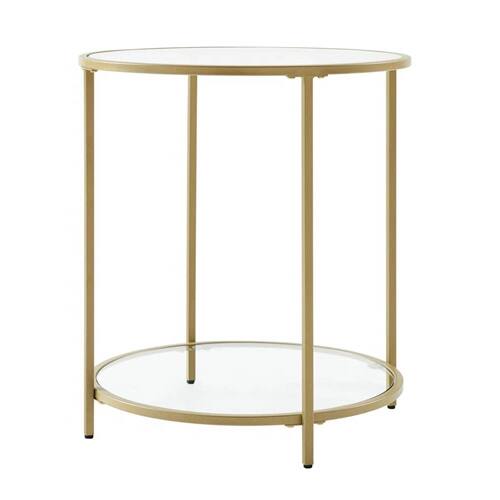 Front. SlickBlue - Modern Round Metal End Table with Glass Top and Bottom Shelf - Gold, Clear.