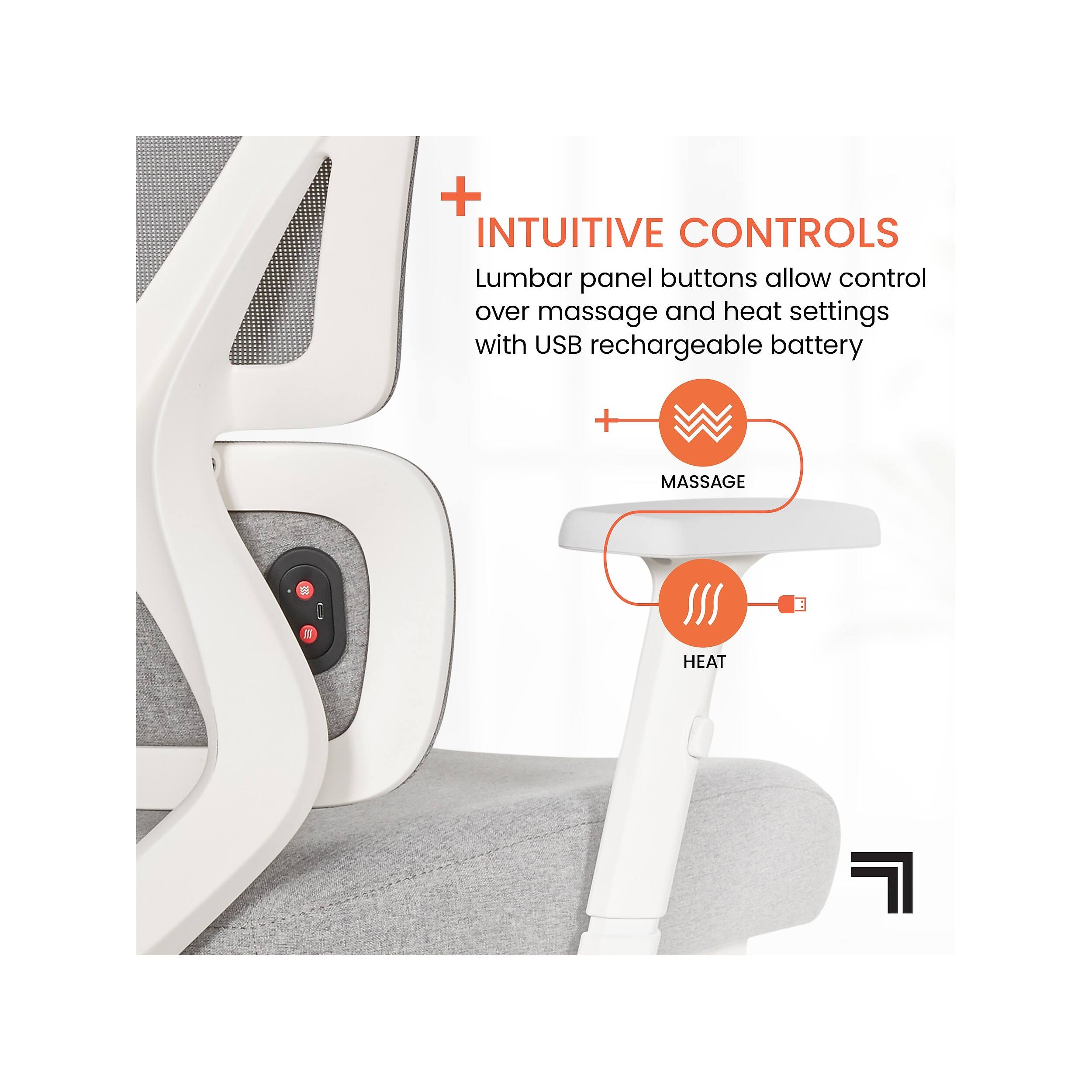 + INTUITIVE CONTROLS  
Lumbar panel buttons allow control over massage and heat settings with USB rechargeable battery  

+ MASSAGE  
+ HEAT