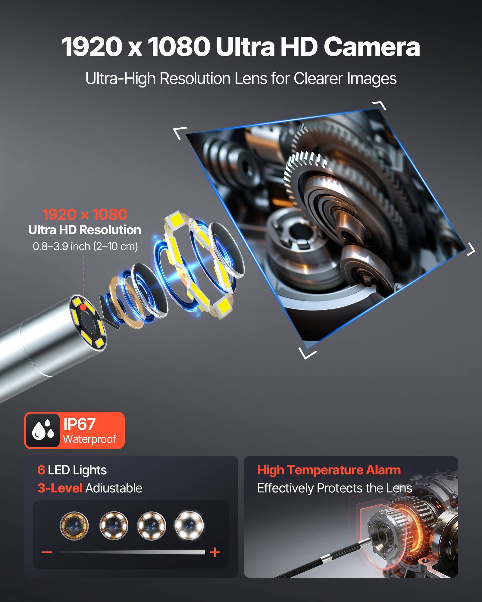 1920 x 1080 Ultra HD Camera  
Ultra-High Resolution Lens for Clearer Images  

1920 x 1080 Ultra HD Resolution  
0.8-3.9 inch (2-10 cm)  
IP67 Waterproof  
6 LED Lights  
3-Level Adjustable  
High Temperature Alarm  
Effectively Protects the Lens