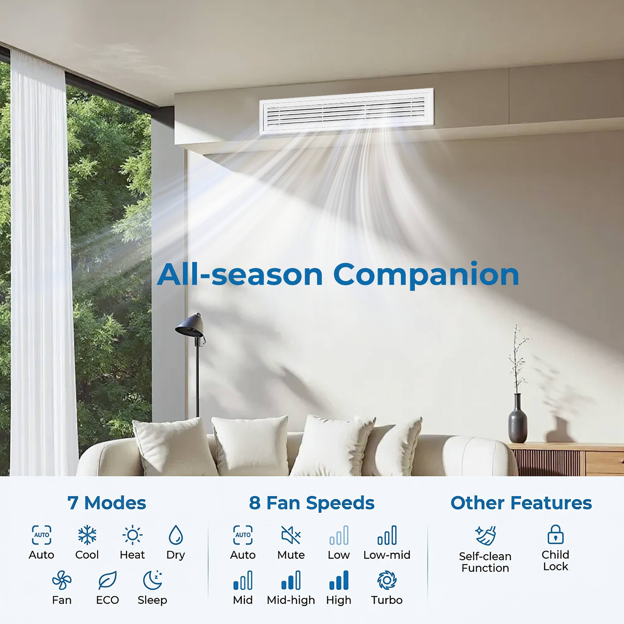 All-season Companion

7 Modes
- Auto
- Cool
- Heat
- Dry
- Fan
- ECO
- Sleep

8 Fan Speeds
- Auto
- Mute
- Low
- Low-mid
- Mid
- Mid-high
- High
- Turbo

Other Features
- Self-clean Function
- Child Lock