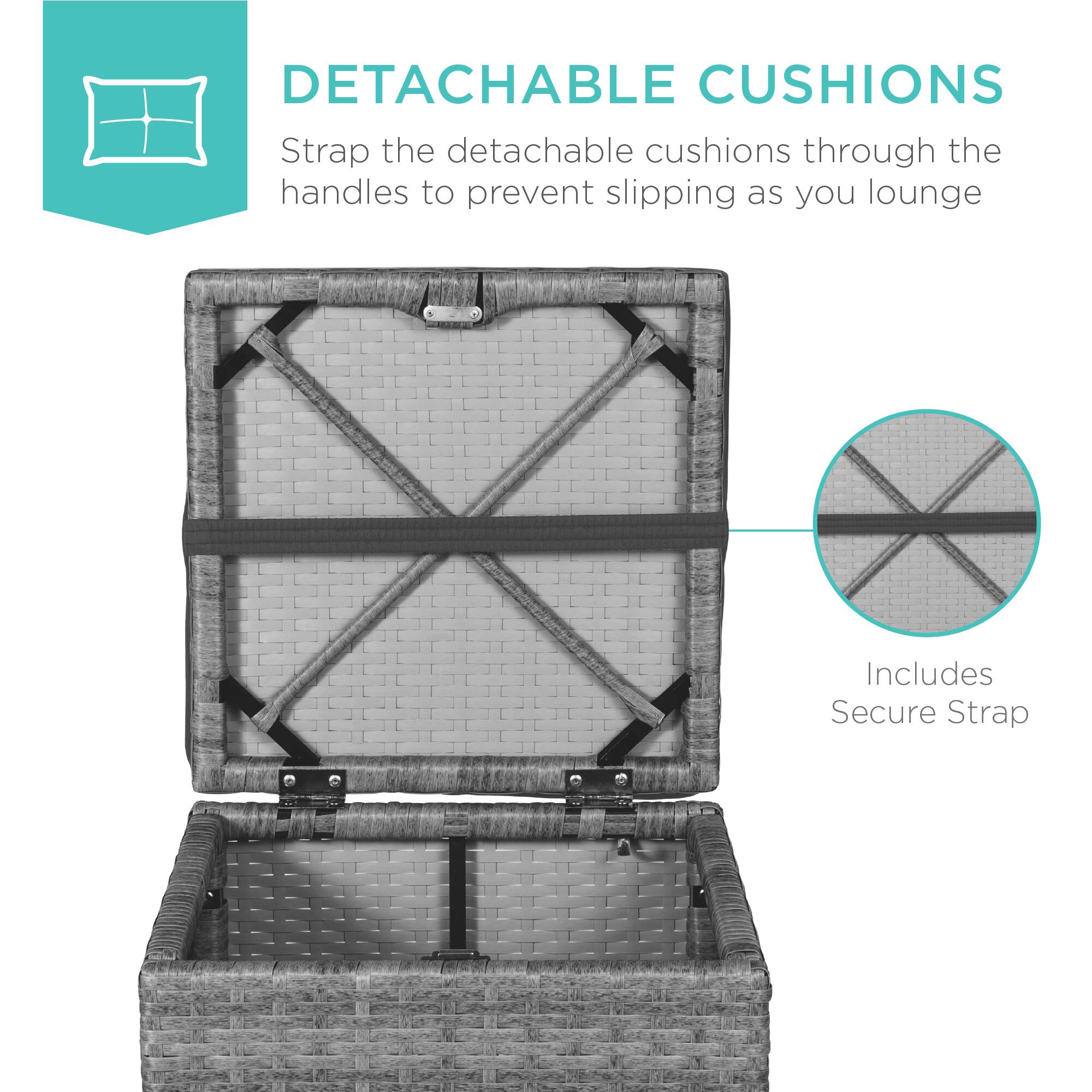 DETACHABLE CUSHIONS  
Strap the detachable cushions through the handles to prevent slipping as you lounge  

Includes Secure Strap