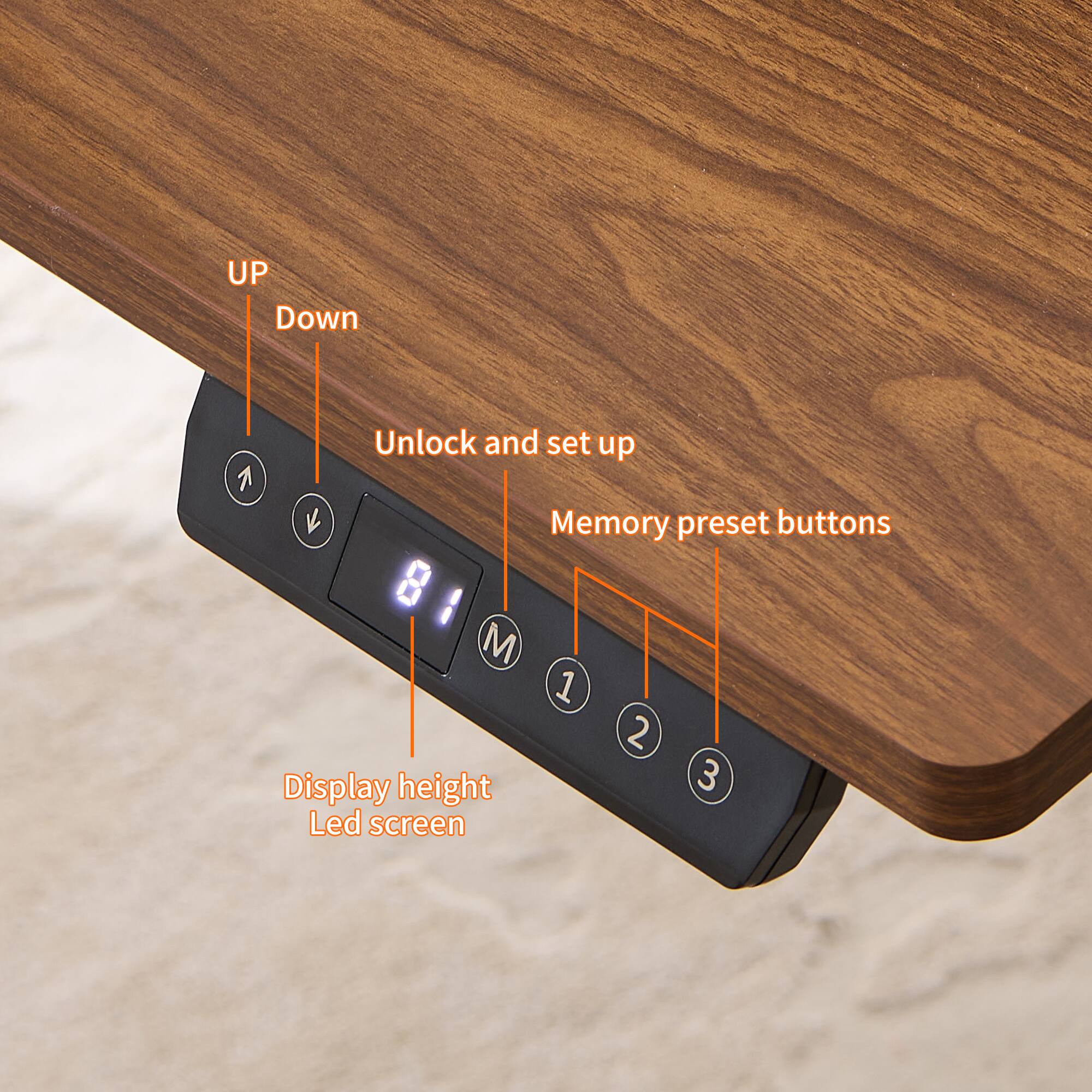 - UP
- Down
- Unlock and set up
- Memory preset buttons (1, 2, 3)
- Display height
- Led screen
