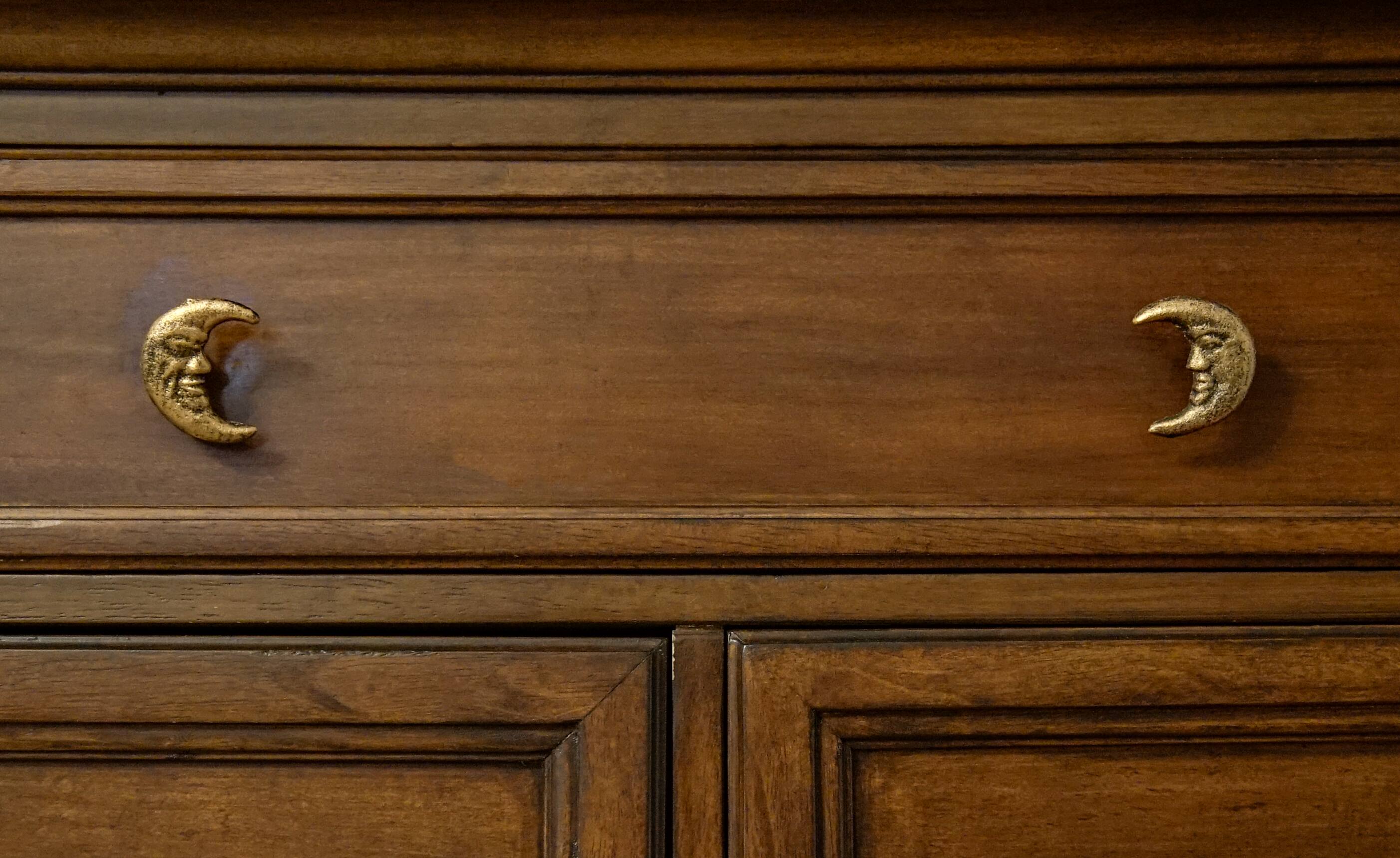 Alt View 3. Zeckos - Set of 6 Gold Cast Iron Crescent Moon Face Drawer Pulls Decorative Cabinet Knobs - Gold.