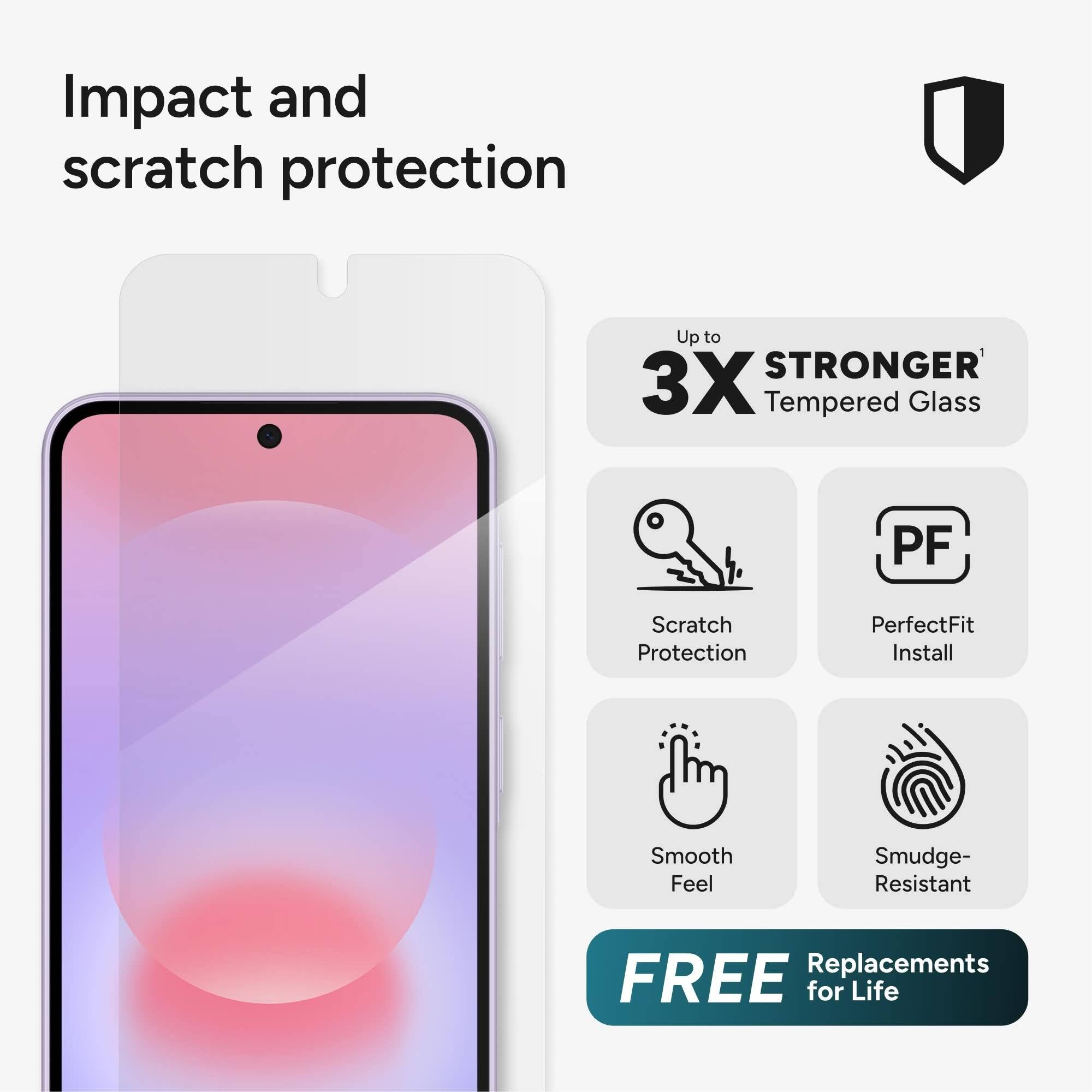 Impact and scratch protection

Up to 3X STRONGER Tempered Glass

PF Scratch Protection
PerfectFit Install
Smooth Feel
Smudge-Resistant

FREE Replacements for Life