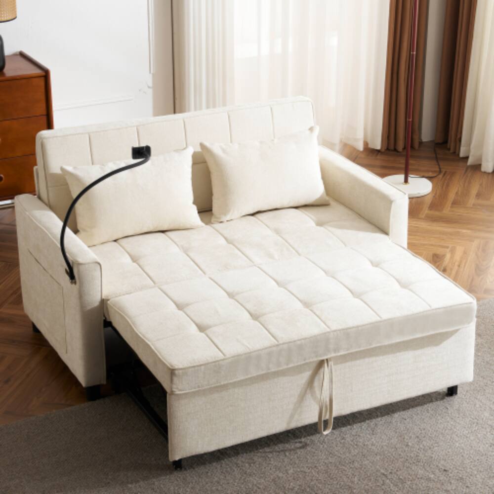 Left. LUCKY ONE - 56.9" Pull-Out Loveseat Sleeper Sofa Bed w/ Reversible Backrest USB Ports Phone Holder - Beige.