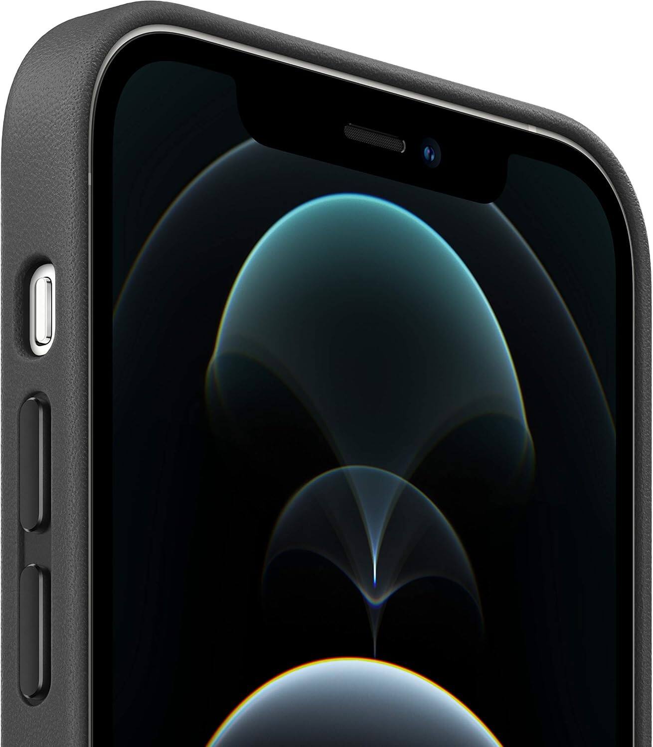 Angle. Apple - Apple Leather Case with MagSafe (for iPhone 12 Pro Max) - Black - Black.