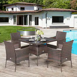 Gymax - 5PCS Rattan Patio Dining Table Set Outdoor Furniture Set w/ 4 Seat Cushions - Mix Brown