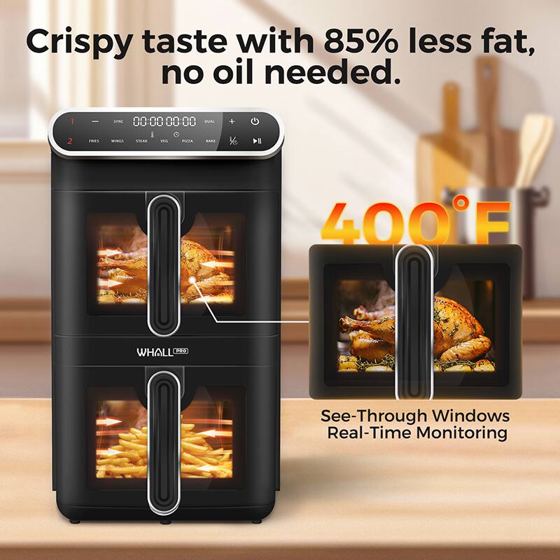 Crispy taste with 85% less fat, no oil needed.

400°F

See-Through Windows Real-Time Monitoring