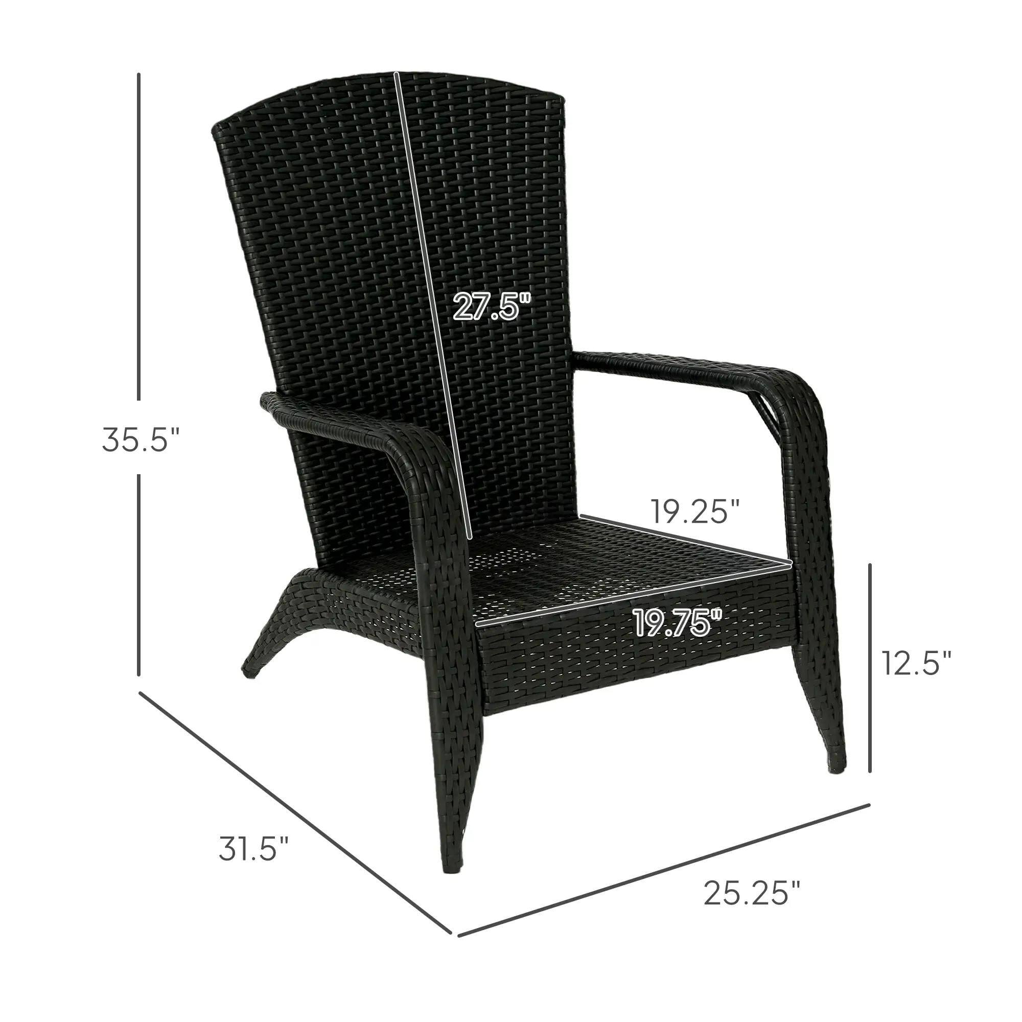 - Height: 35.5"
- Width: 25.25"
- Depth: 31.5"
- Seat Height: 19.75"
- Armrest Height: 19.25"
- Back Height: 27.5"
- Seat Depth: 19.25"
- Overall Depth: 12.5"