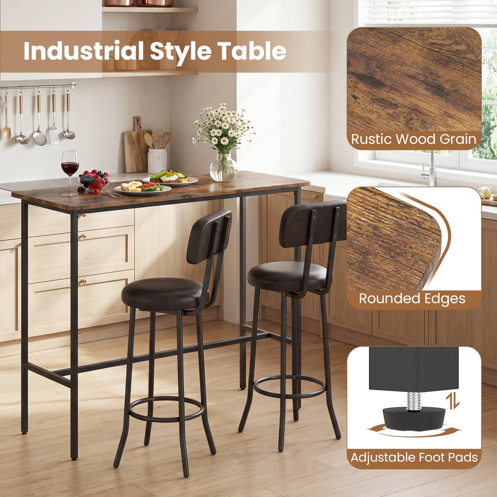 Industrial Style Table  
Rustic Wood Grain  
Rounded Edges  
Adjustable Foot Pads
