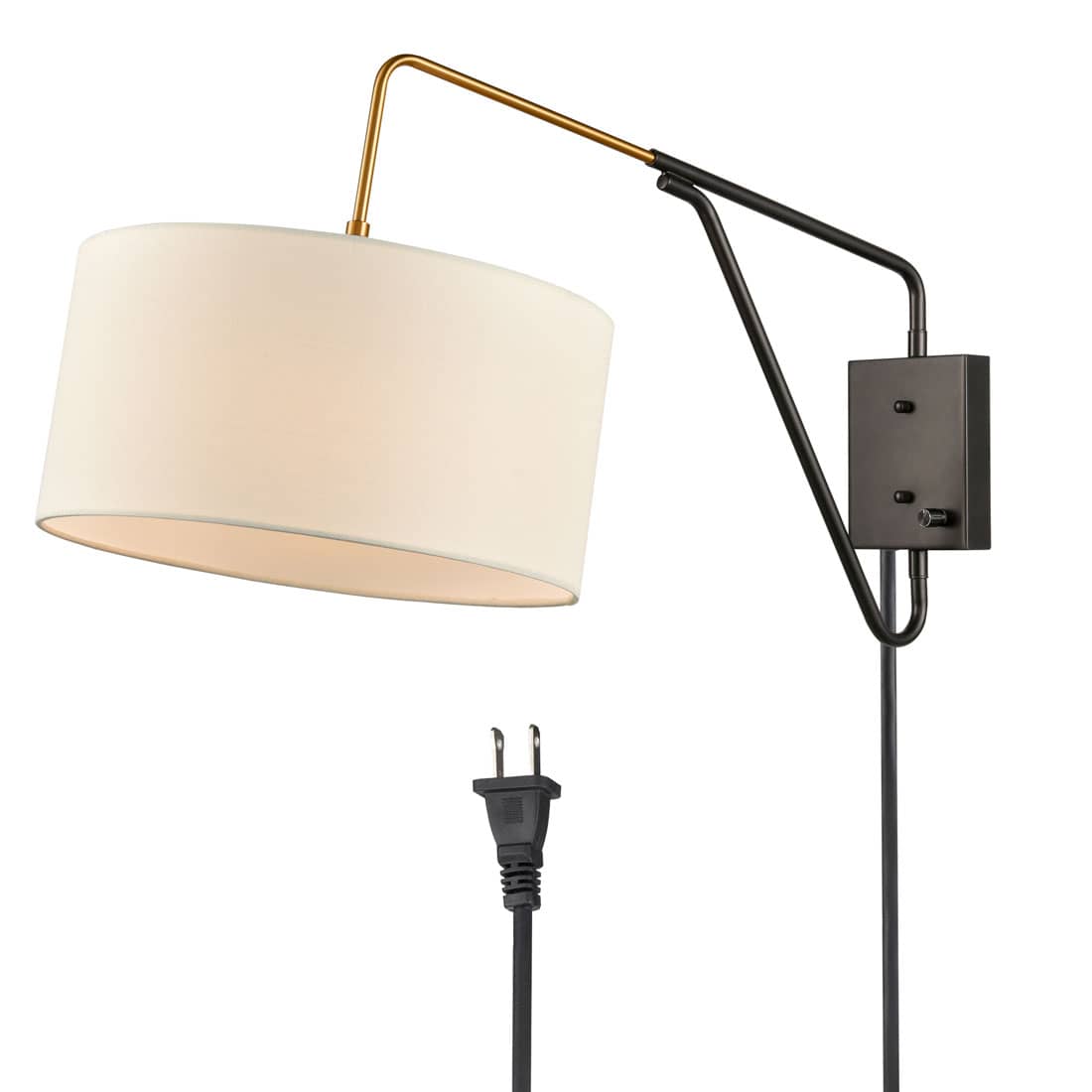 Front. MOOSE - Mid-Century Fabric Plug-in Wall Light Swing Arm Wall Lamp - Black/Gold.