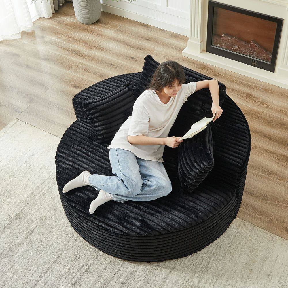 Alt View 1. Kadyn - 55"L Corduroy Swivel Chair, Fluffy Modern Sleeper with 360-Degree Rotation for Living Room, Black - Black.